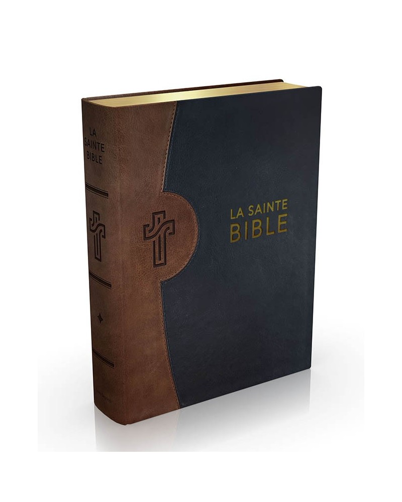 Bible Segond 1910 de la famille, couverture simili cuir bleu-brun, tranche dorée