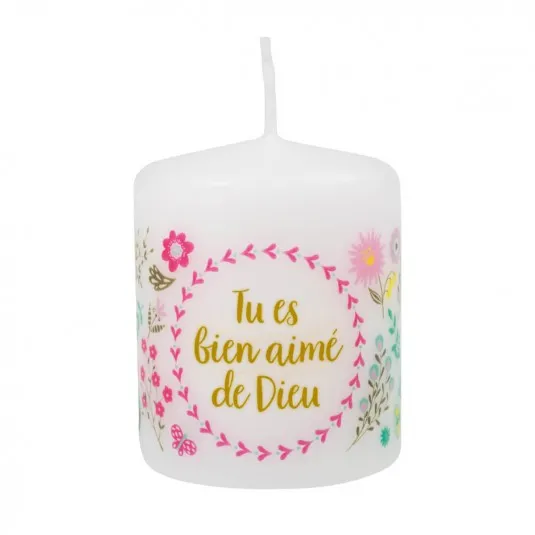Petite bougie avec motif fleurs - Tu es bien aimé de Dieu
