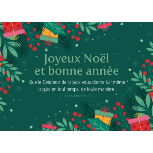 Carte avec enveloppe Joyeux Noël sur fond verte avec feuilles