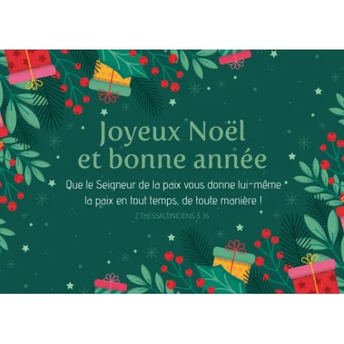 Carte avec enveloppe Joyeux Noël sur fond verte avec feuilles