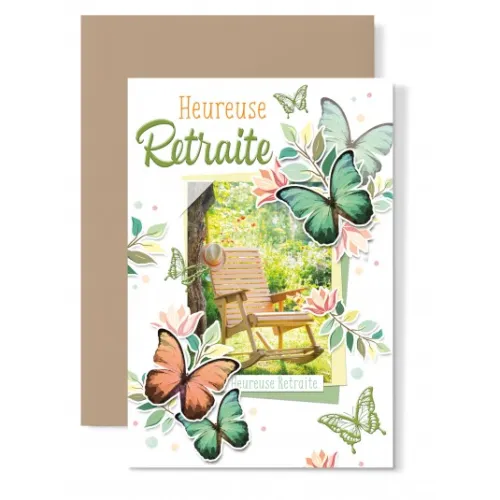 Carte heureuse retraite Siège à bascule et papillon verts