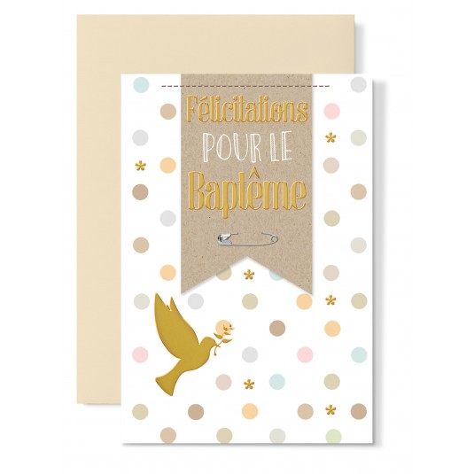 Carte avec enveloppe Baptême pois et colombe dorée