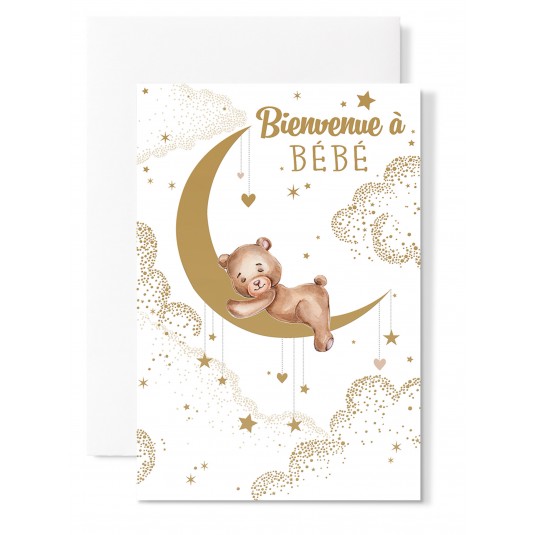 Carte avec enveloppe Bienvenue à bébé Ourson sur lune