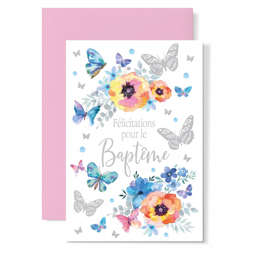 Carte avec enveloppe Baptême fleurs et papillons argentés