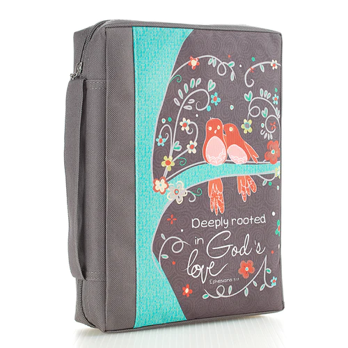 Fourre Bible M "God's Love" - gris foncé avec fleurs et un couple d'oiseaux
