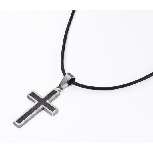 Pendentif croix acier et fibre de carbone, cordon cuir 50cm
