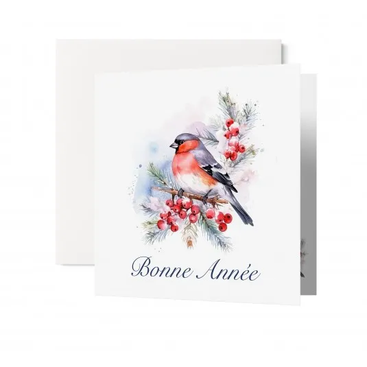 Carte avec enveloppe bouvreuil sur une branche - Bonne année avec verset