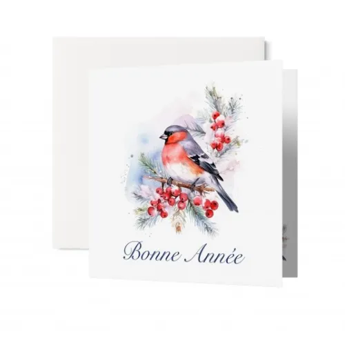Carte avec enveloppe bouvreuil sur une branche - Bonne année avec verset