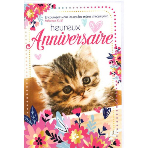 Carte "anniversaire chat - Psaumes 46:1 ou Hébreux 3:13"