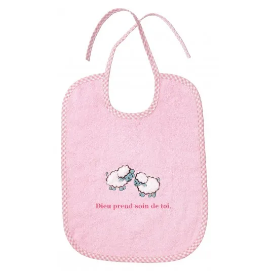 Bavoir éponge rose moutons brodés Dieu prend soin de toi