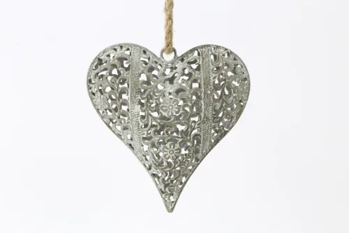 Coeur en fonte gris/blanc avec motifs floraux