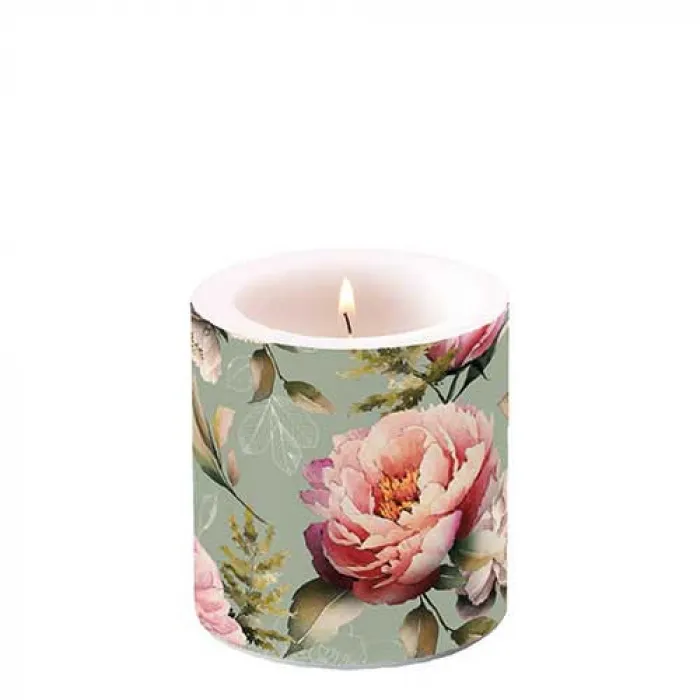 Bougie petite Pivoines sur fond vert