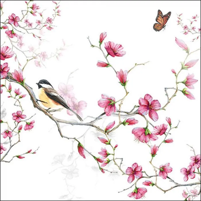 Serviette grande Oiseaux dans branches fleuries