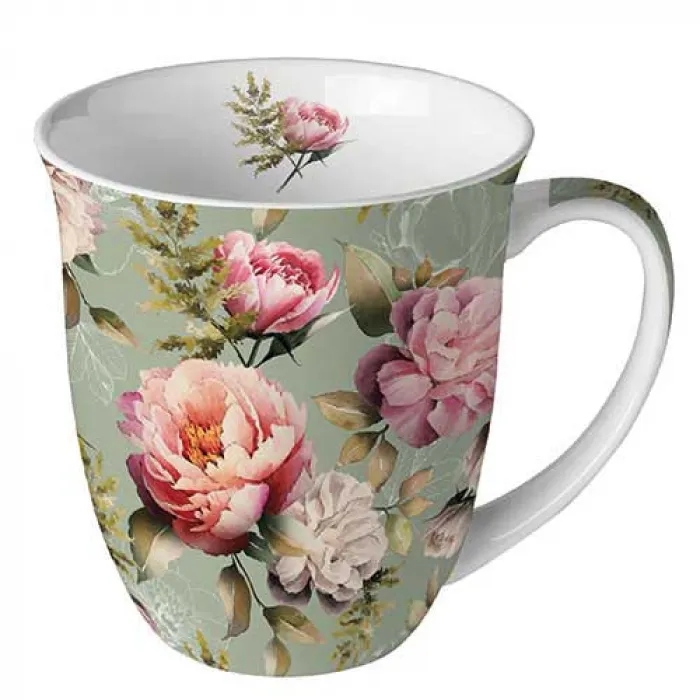 Mug 0.4L Pivoines sur fond vert