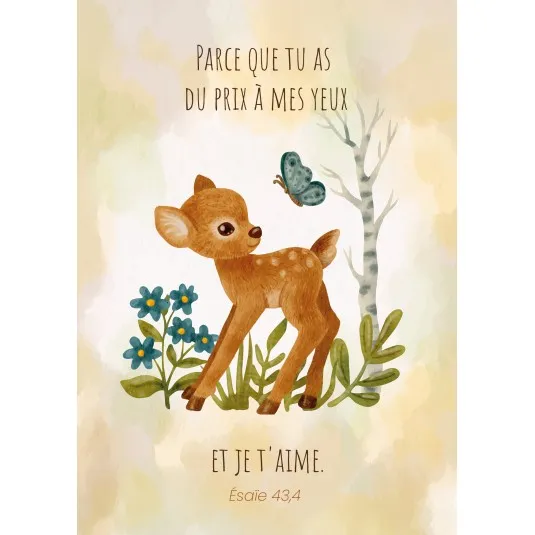 Carte postale - Faon et papillon dessiné