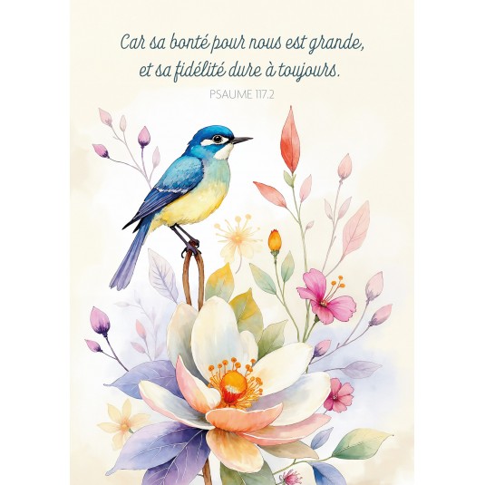 Carte postale - Oiseau posé sur des fleurs en aquarelle