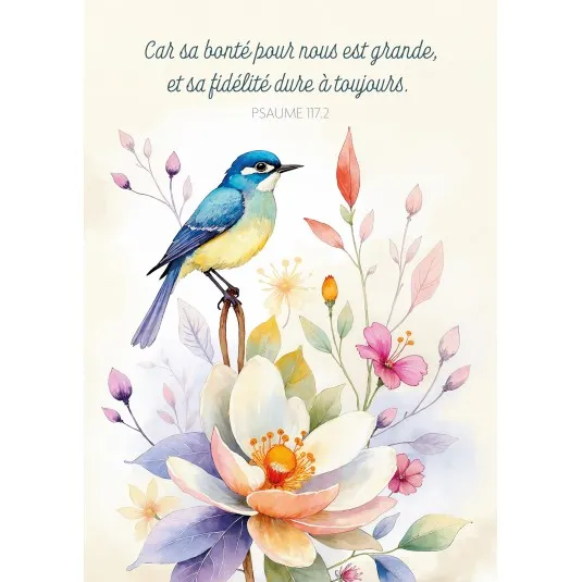 Carte postale - Oiseau posé sur des fleurs en aquarelle