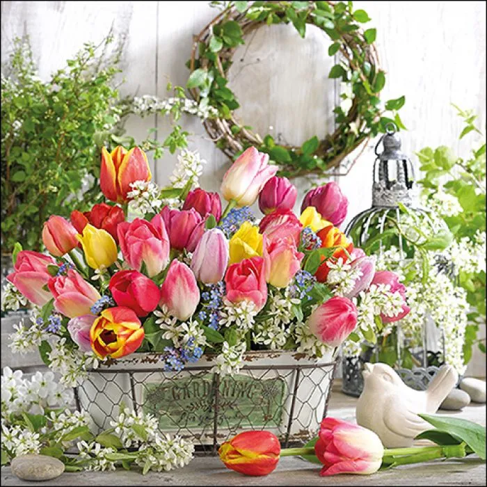 Serviette grande Bouquet printemps tulipes