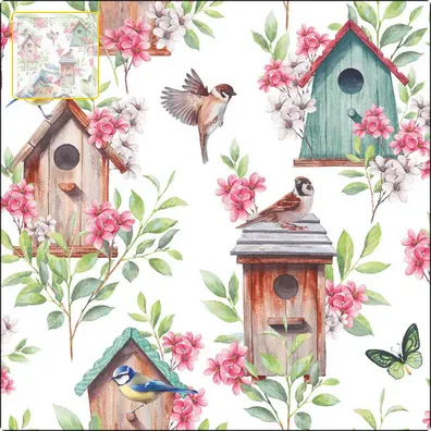 Serviette grande   Nichoirs oiseaux en bois (Wooden birdhouses)
