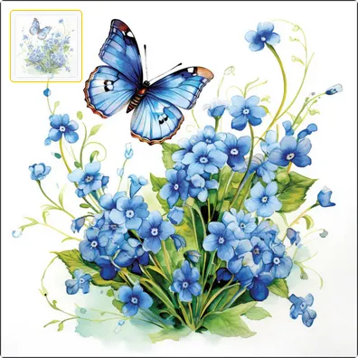 Serviette grande Papillon, fleurs bleus (Forget me not)