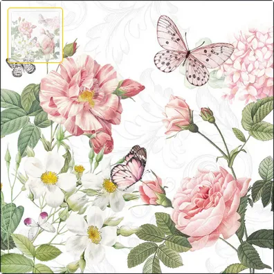 Serviette grande Amelia white, papillons et fleurs