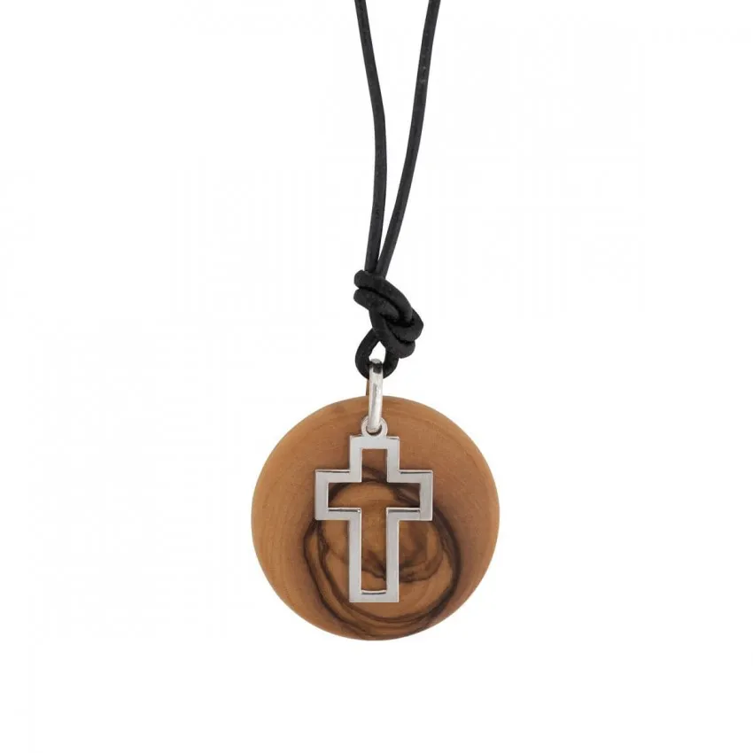 Collier avec pendentif enbois d'olivier et argent croix