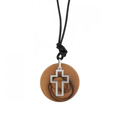 Collier avec pendentif enbois d'olivier et argent croix