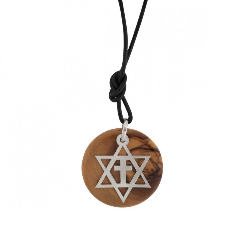 Collier avec pendentif en bois d'olivier et argent étoile de David